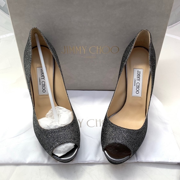 New Jimmy Choo Dahlia Grey Lame Peep Toe 38.5 - Picture 2 of 8